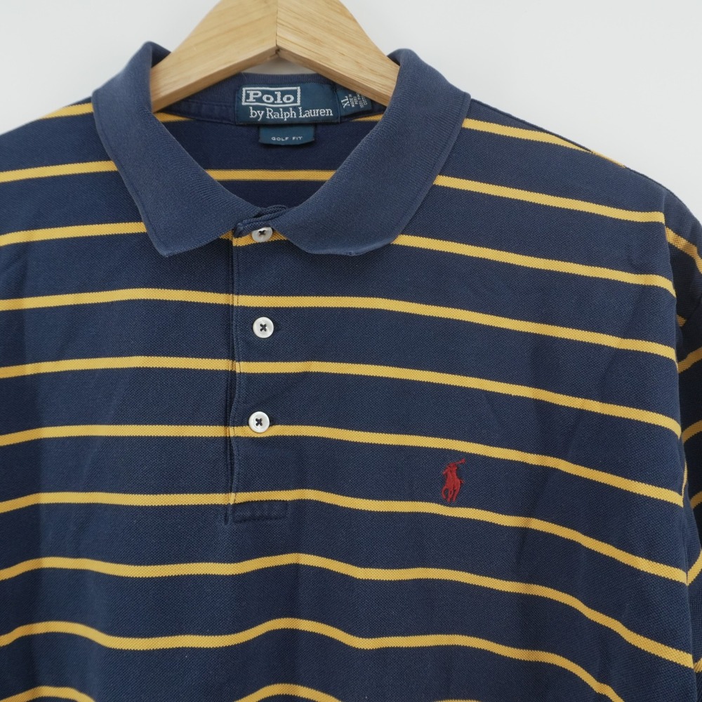 Polo Ralph Lauren Polo Shirt Mens XL Navy Blue Yellow Striped Golf Fit Short Slv